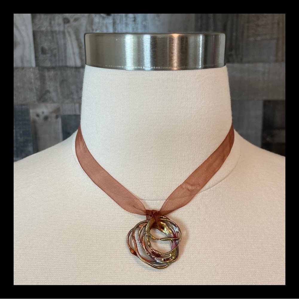 Handcrafted oxidized copper necklace rainbow pendant artisan jewelry earth girl